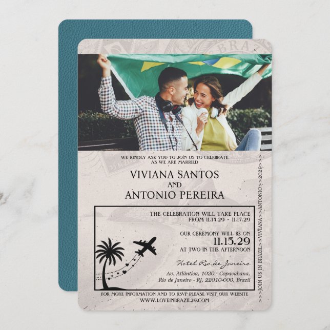 Invitación a la boda verde azulada en Brasil con p (Anverso / Reverso)