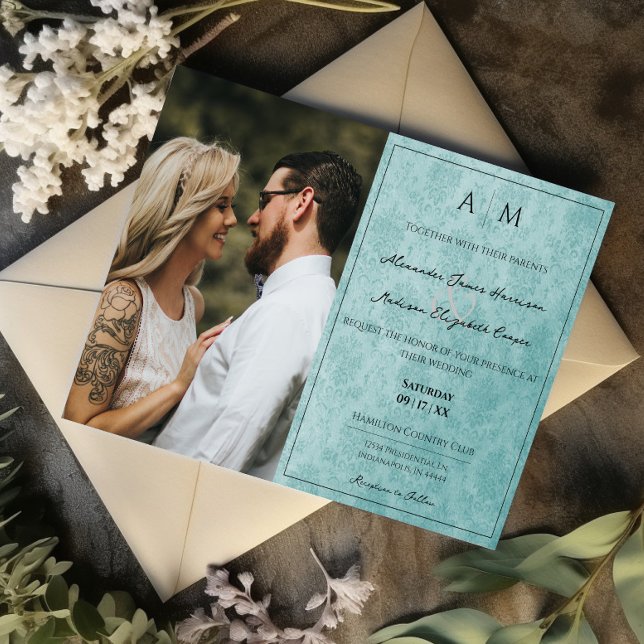 Invitación a la boda Verde azulada en un monograma (Teal Photo Damask Monogram Wedding Invitation)