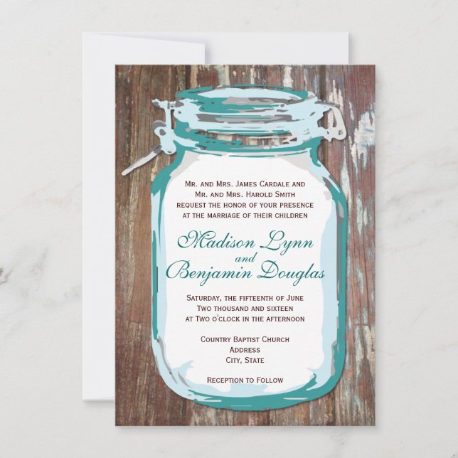 Invitación a la boda Verde azulada Mason Jar Rusti (Anverso)