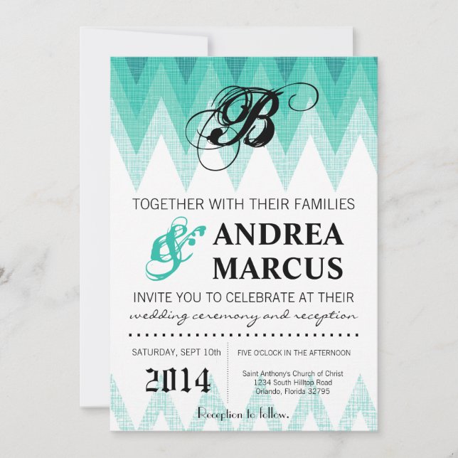 Invitación a la boda Verde azulada Ombre Chevron (Anverso)