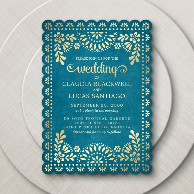 Invitación a la boda Verde azulada Papel Picado (Subido por el creador)