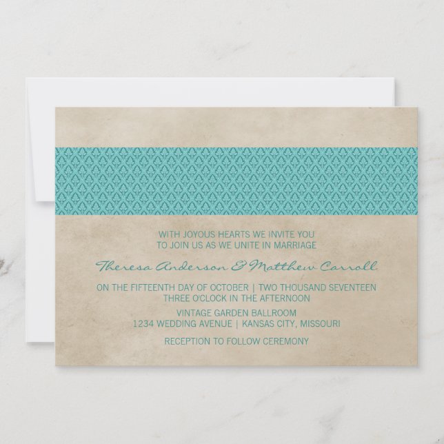 Invitación a la boda verde azulada Rustic Damask (Anverso)