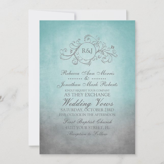 Invitación a la boda Verde azulada y bohemia gris (Anverso)