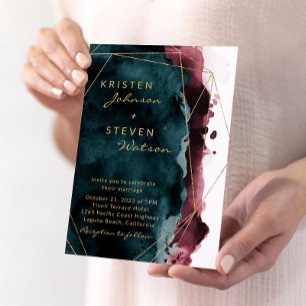 Invitación a la boda verde azulada y borgoña