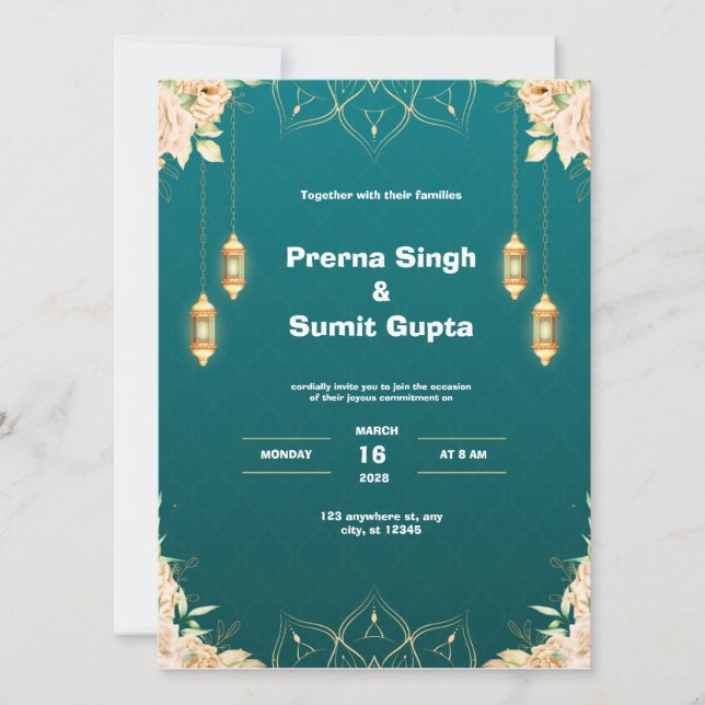 Invitación a la boda verde azulada y de oro (Anverso)