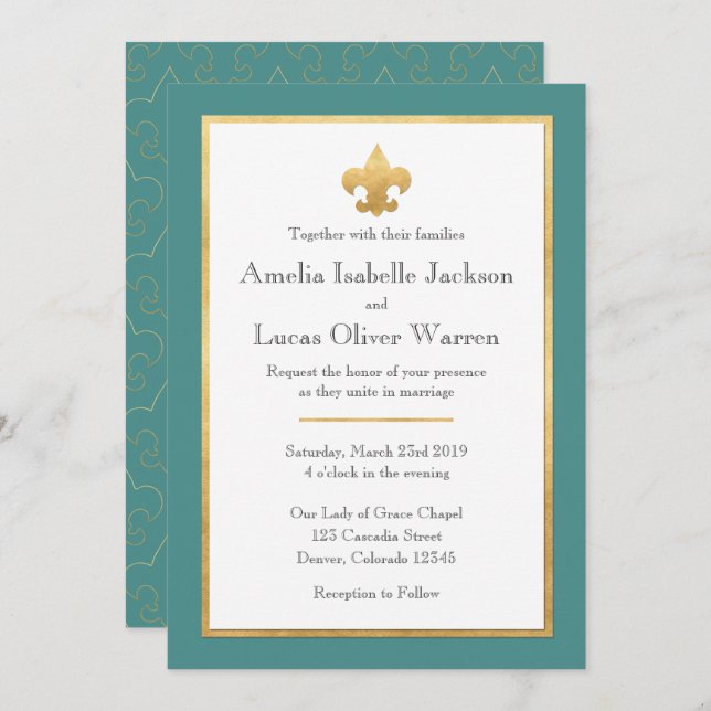 Invitación a la boda verde azulada y de oro de Flo (Anverso / Reverso)