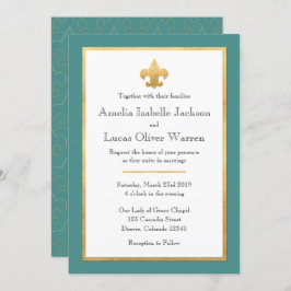 Invitación a la boda verde azulada y de oro de Flo
