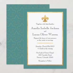 Invitación a la boda verde azulada y de oro de Flo