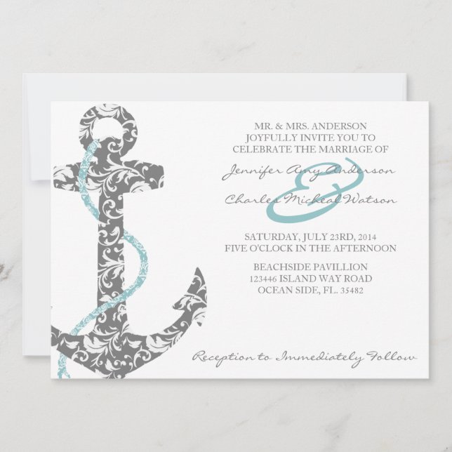 Invitación a la boda verde azulada y grisácea (Anverso)