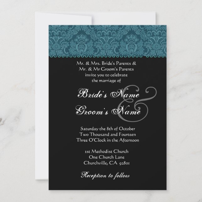 Invitación a la boda Verde azulada y negra en blan (Anverso)