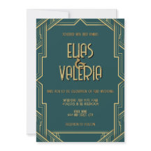 Invitación a la boda verde azulada y tuxedos