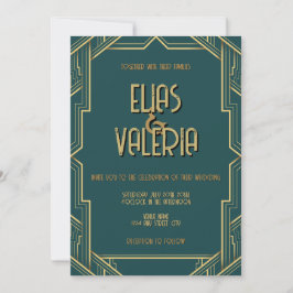 Invitación a la boda verde azulada y tuxedos