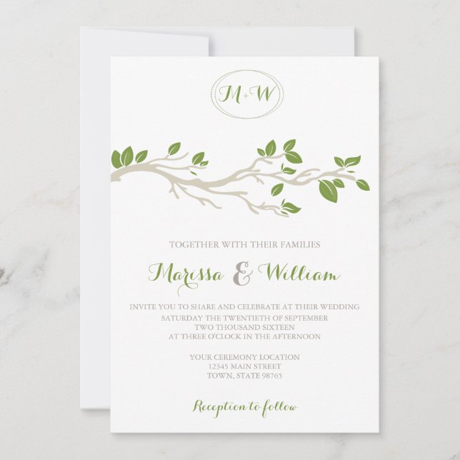 Invitación a la boda verde/beige de la rama del ár (Anverso)