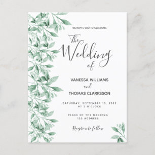 Invitación a la boda verde botánica y blanca