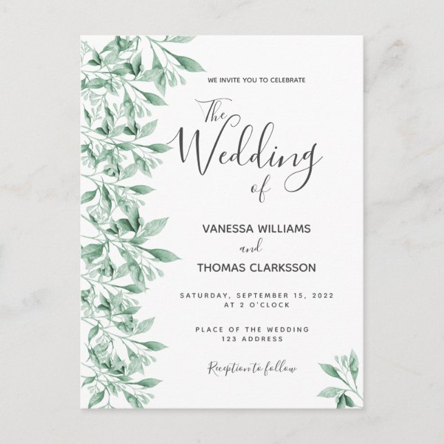 Invitación a la boda verde botánica y blanca (Anverso)
