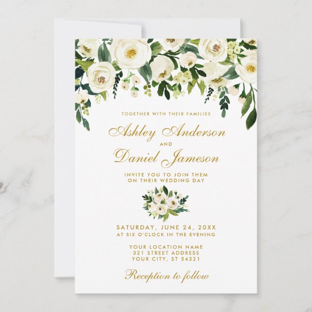 Invitación a la Boda Verde con acuarela floral de  (Anverso)