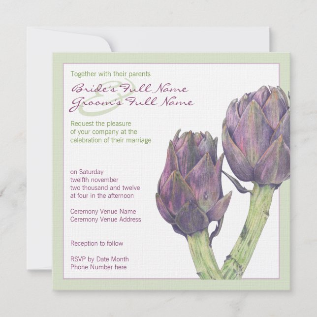 Invitación a la boda verde con chapa morada (Anverso)