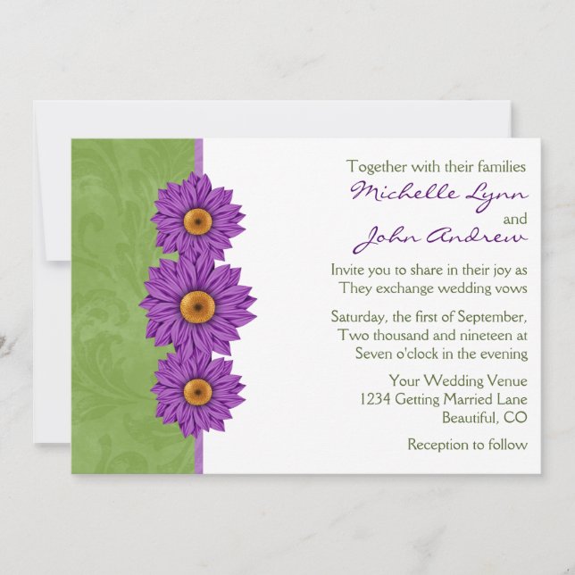 Invitación a la boda verde con flores moradas (Anverso)