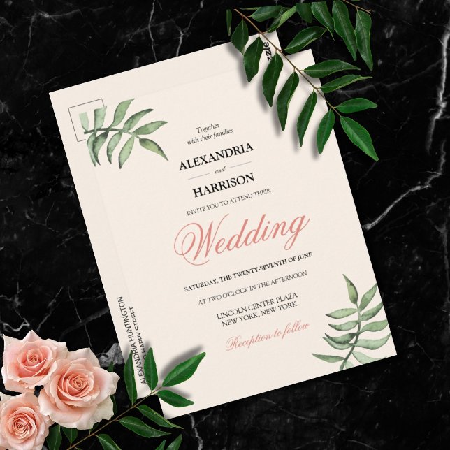 Invitación a la Boda Verde Coral Botánica Moderna (Modern Soft Peach Botanical Wedding Invitation Postcard)