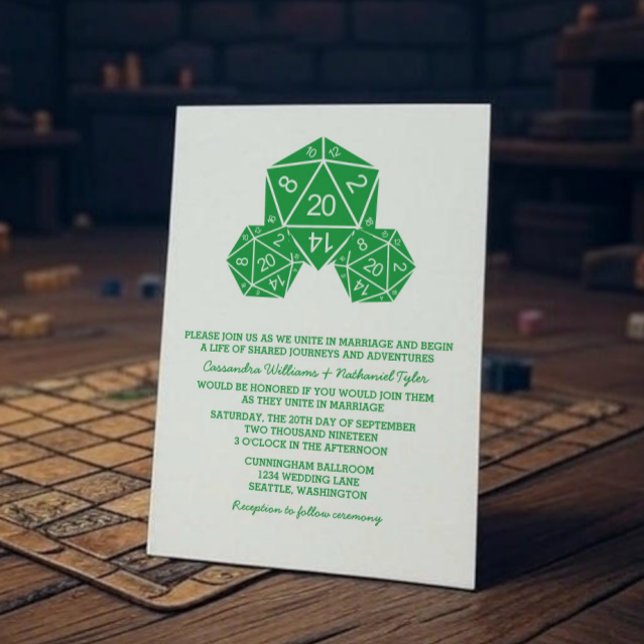 Invitación a la boda verde D20 dados (Green D20 Dice Wedding Invite)