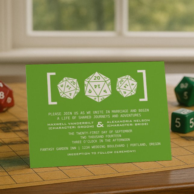 Invitación a la Boda Verde D20 de Juegos de dados (Green D20 Dice Gamer Wedding Invitation)