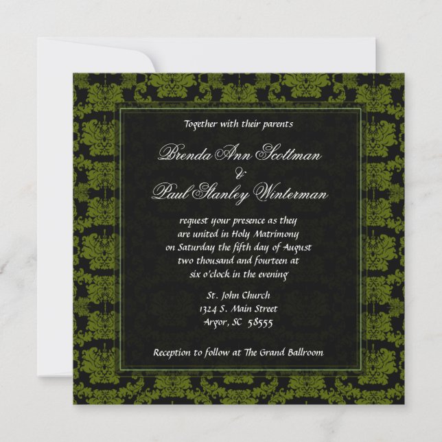 Invitación a la boda verde Damasco cuadrada (Anverso)