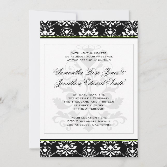 Invitación a la boda verde de acento negro y blanc (Anverso)