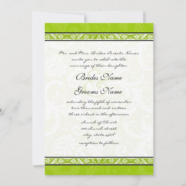 Invitación a la Boda Verde de Apple White Damask S (Reverso)