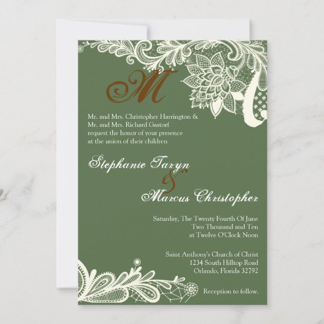 Invitación a la Boda Verde de encaje de campo 5 x  (Anverso)