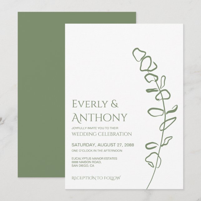 Invitación a la Boda Verde de Eucalipto minimalist (Anverso / Reverso)