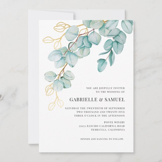 Invitación a la Boda Verde de Eucalipto verde azul (Anverso)