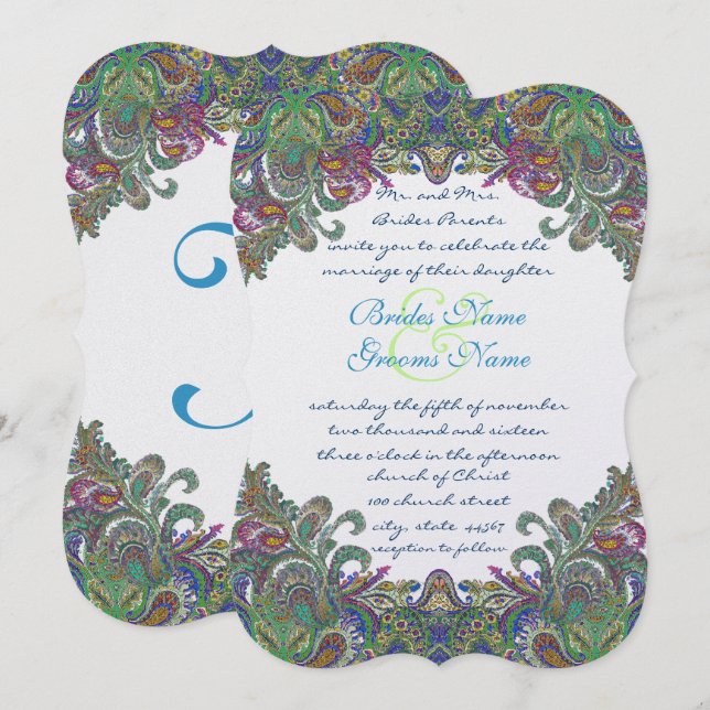 Invitación a la boda verde de frambuesa azul de Da (Anverso / Reverso)