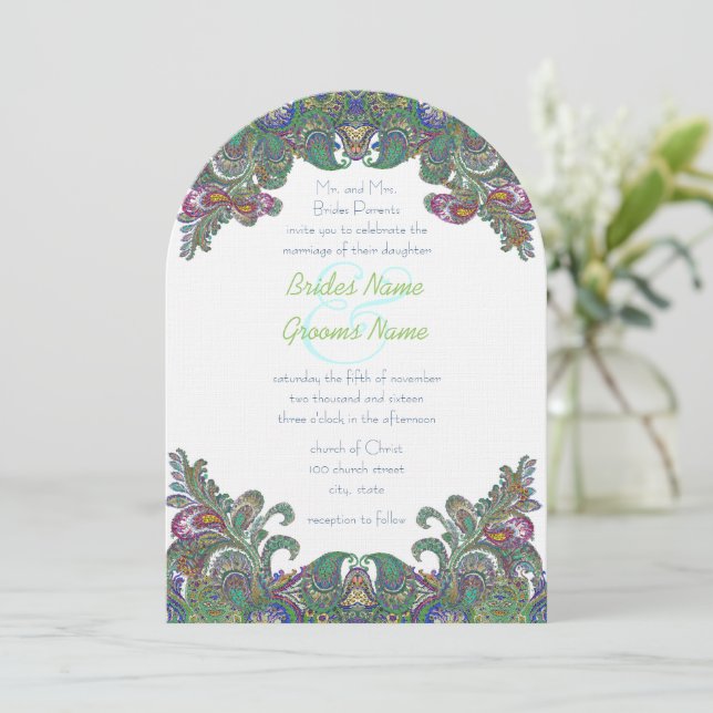 Invitación a la boda verde de frambuesa azul de Da (Anverso de pie)