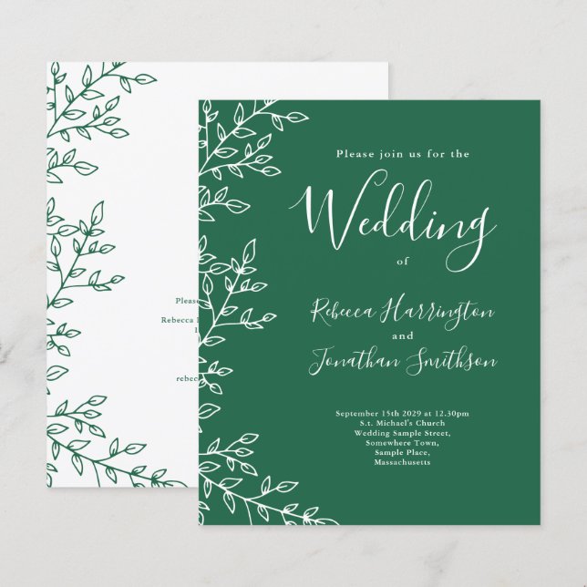 Invitación a la boda verde de hoja mínima de presu (Anverso / Reverso)