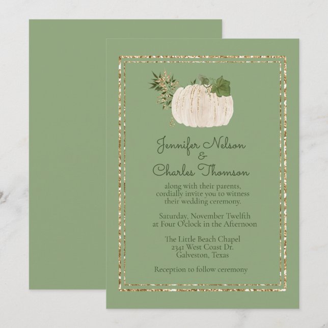 Invitación a la boda verde de la calabaza blanca (Anverso / Reverso)