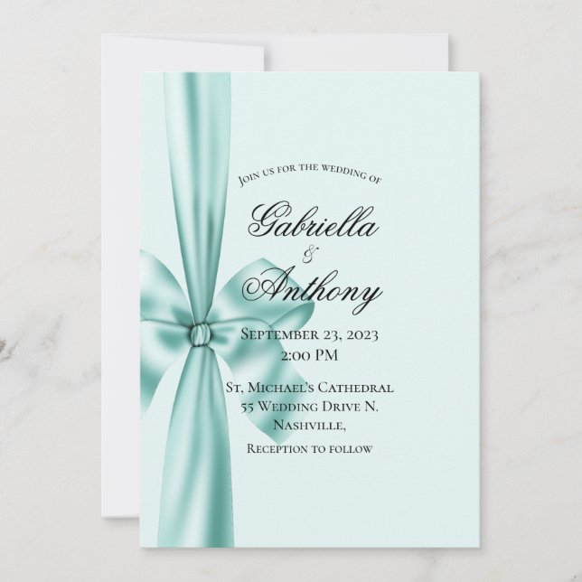Invitación a la boda verde de la cinta satinada (Anverso)