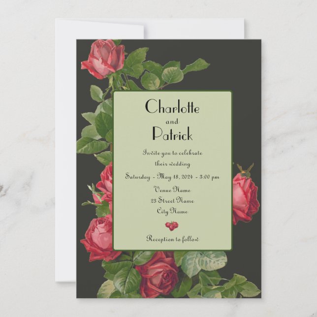 Invitación a la boda verde de las rosas rojas anti (Anverso)
