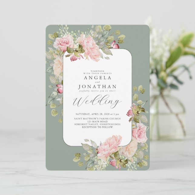 Invitación a la Boda Verde de Oliva Rosa Pastel (Anverso de pie)