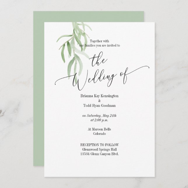 Invitación a la Boda Verde de Rama de Olivo (Anverso / Reverso)