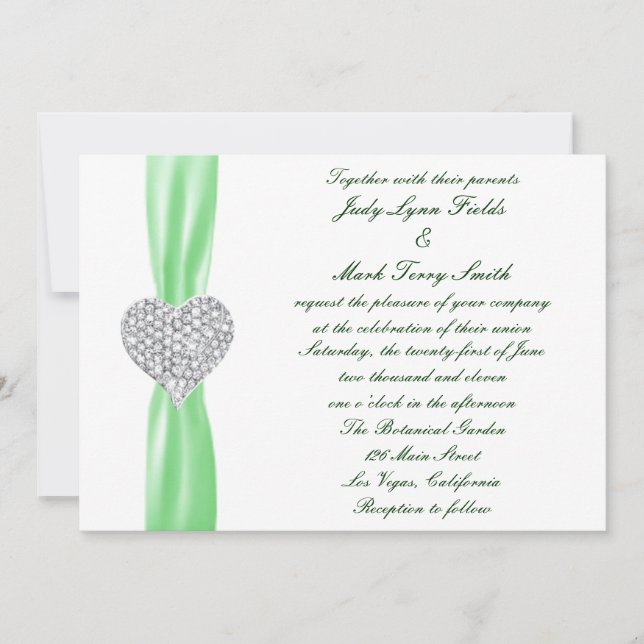 Invitación a la boda verde del corazón del diamant (Anverso)