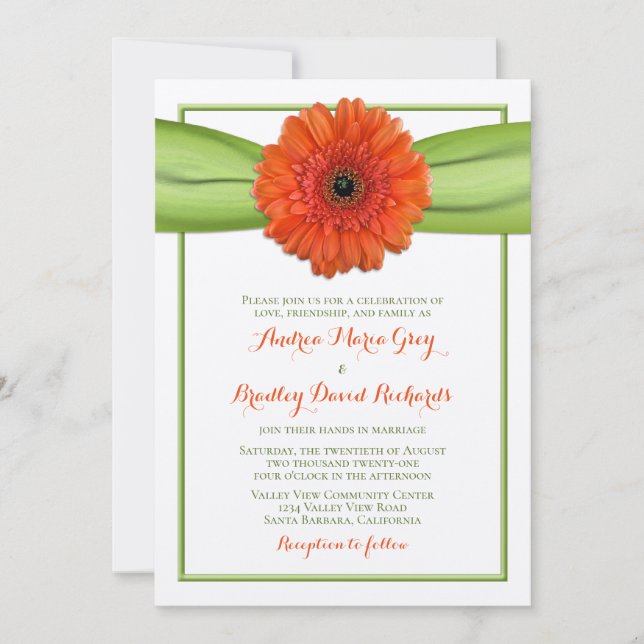 Invitación a la boda verde del naranja Gerbera Dai (Anverso)