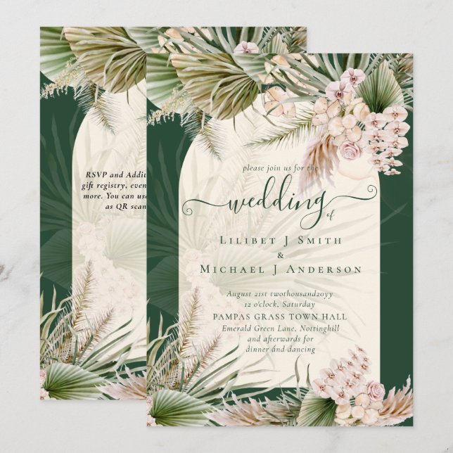 Invitación a la Boda Verde Esmeralda de Grass Pamp (Anverso / Reverso)