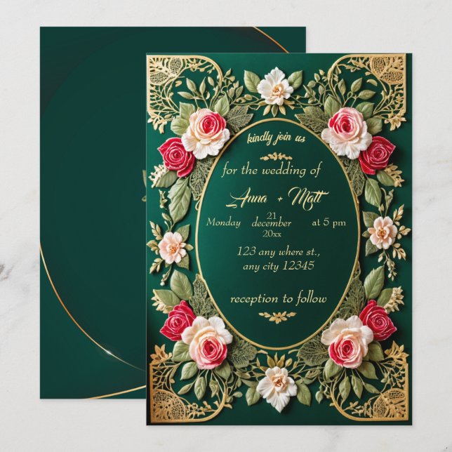 Invitación a la Boda Verde Esmeralda de lujo con F (Anverso / Reverso)