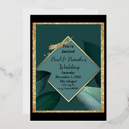 Invitación a la boda verde esmeralda, oro, tarjeta