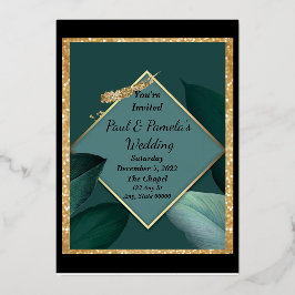 Invitación a la boda verde esmeralda, oro, tarjeta