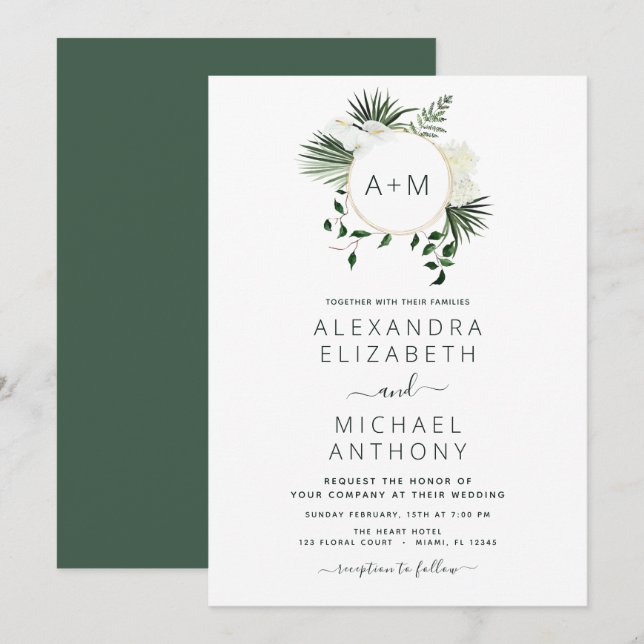 Invitación a la Boda Verde Esmeralda Tropical Mono (Anverso / Reverso)