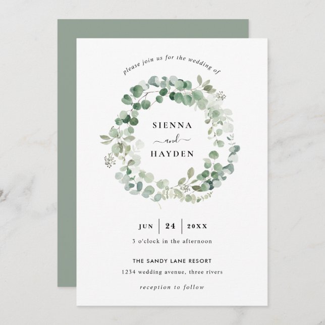 Invitación a la Boda Verde Eucalyptus Wreath Sage (Anverso / Reverso)
