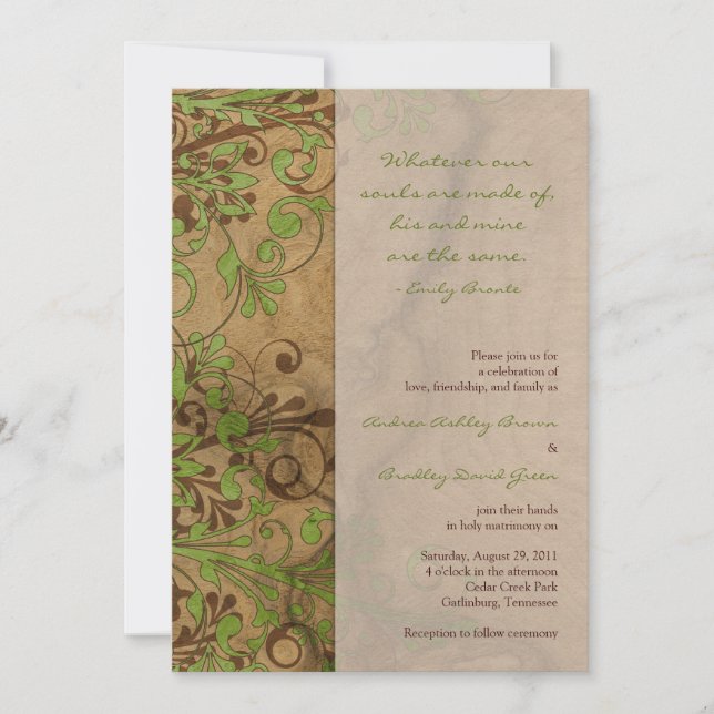 Invitación a la Boda Verde Floral de Woodgrain (Anverso)