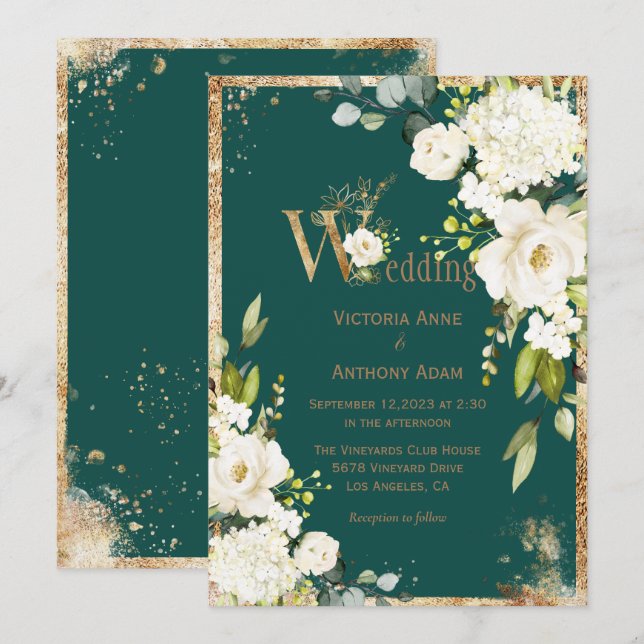 Invitación a la Boda Verde Floral Rústica de Oro B (Anverso / Reverso)