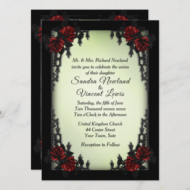 Invitación a la Boda Verde Gótica del Barrio Franc (Anverso / Reverso)